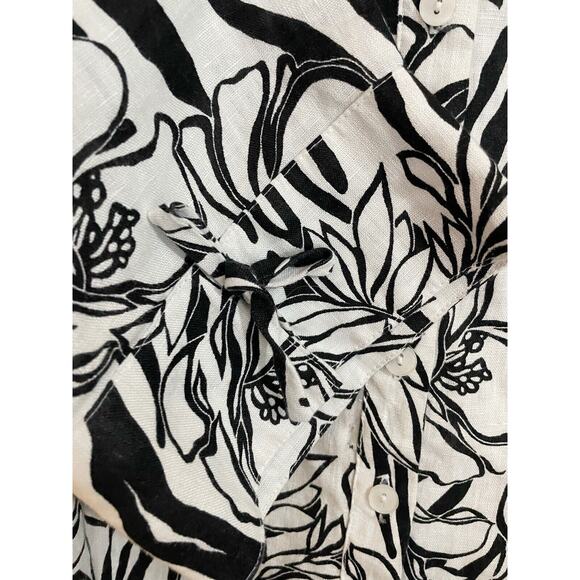 JM Collection Top Jacket 22W Black White Linen Floral Shacket Tunic Button Front - Picture 2 of 5